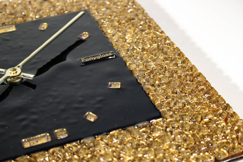 Handmade Art Glass gold mosaic wall clock Golden Quadrat by Ponyglass - Image 4