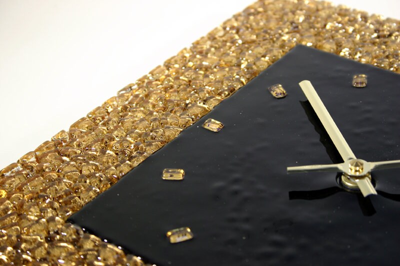 Handmade Art Glass gold mosaic wall clock Golden Quadrat by Ponyglass - Image 7