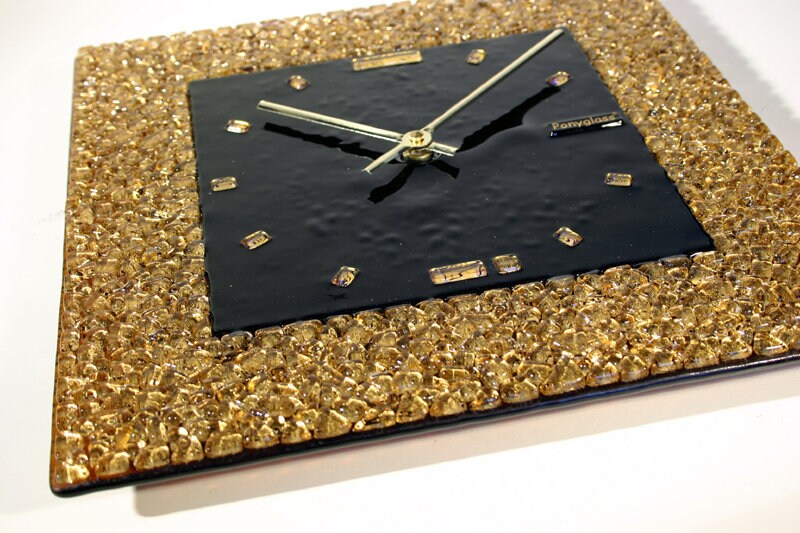 Handmade Art Glass gold mosaic wall clock Golden Quadrat by Ponyglass - Image 2