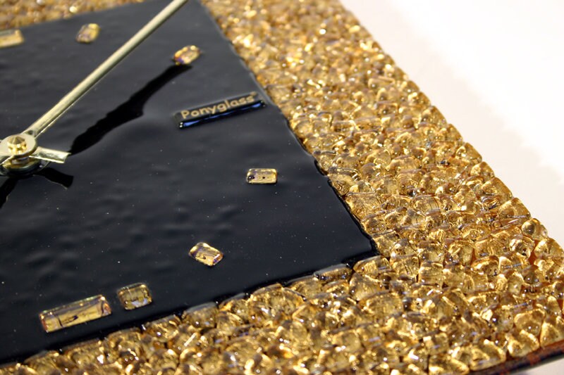 Handmade Art Glass gold mosaic wall clock Golden Quadrat by Ponyglass - Image 5