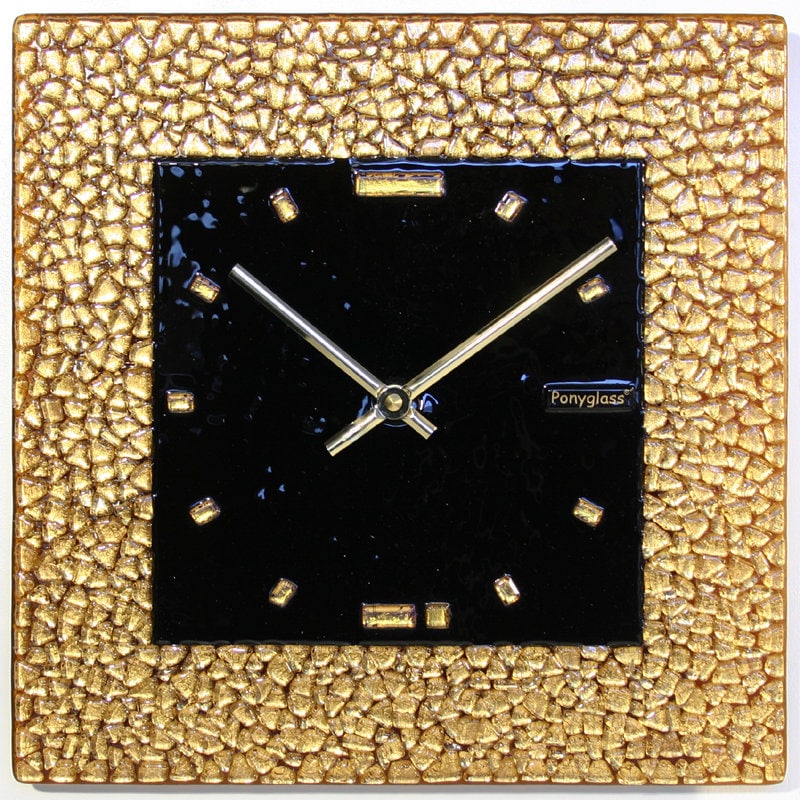 Handmade Art Glass gold mosaic wall clock Golden Quadrat by Ponyglass