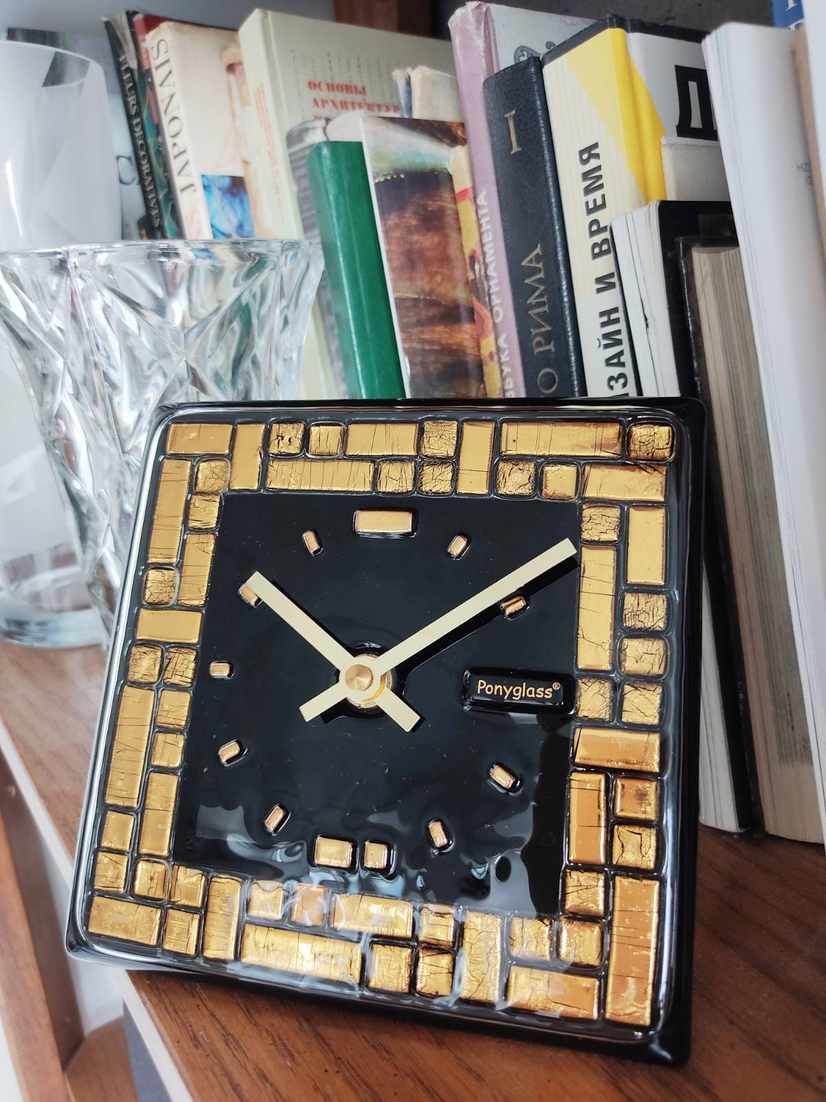 Art Glass home decor fused table top clock Golden Labyrinth
