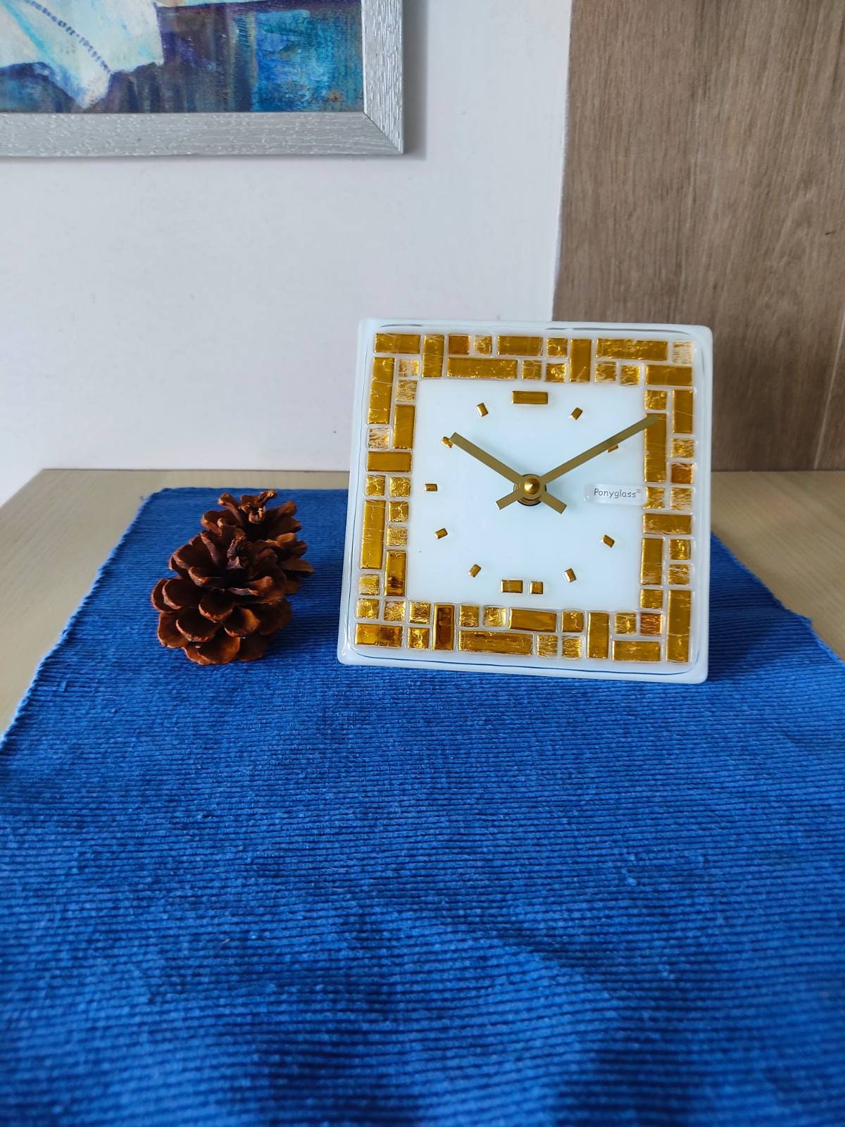 Art Glass home decor fused table top clock Golden Labyrinth (white) - Image 3