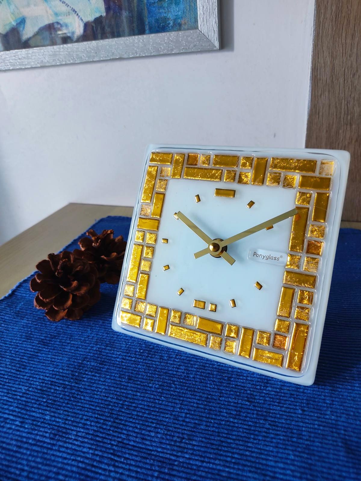 Art Glass home decor fused table top clock Golden Labyrinth (white)